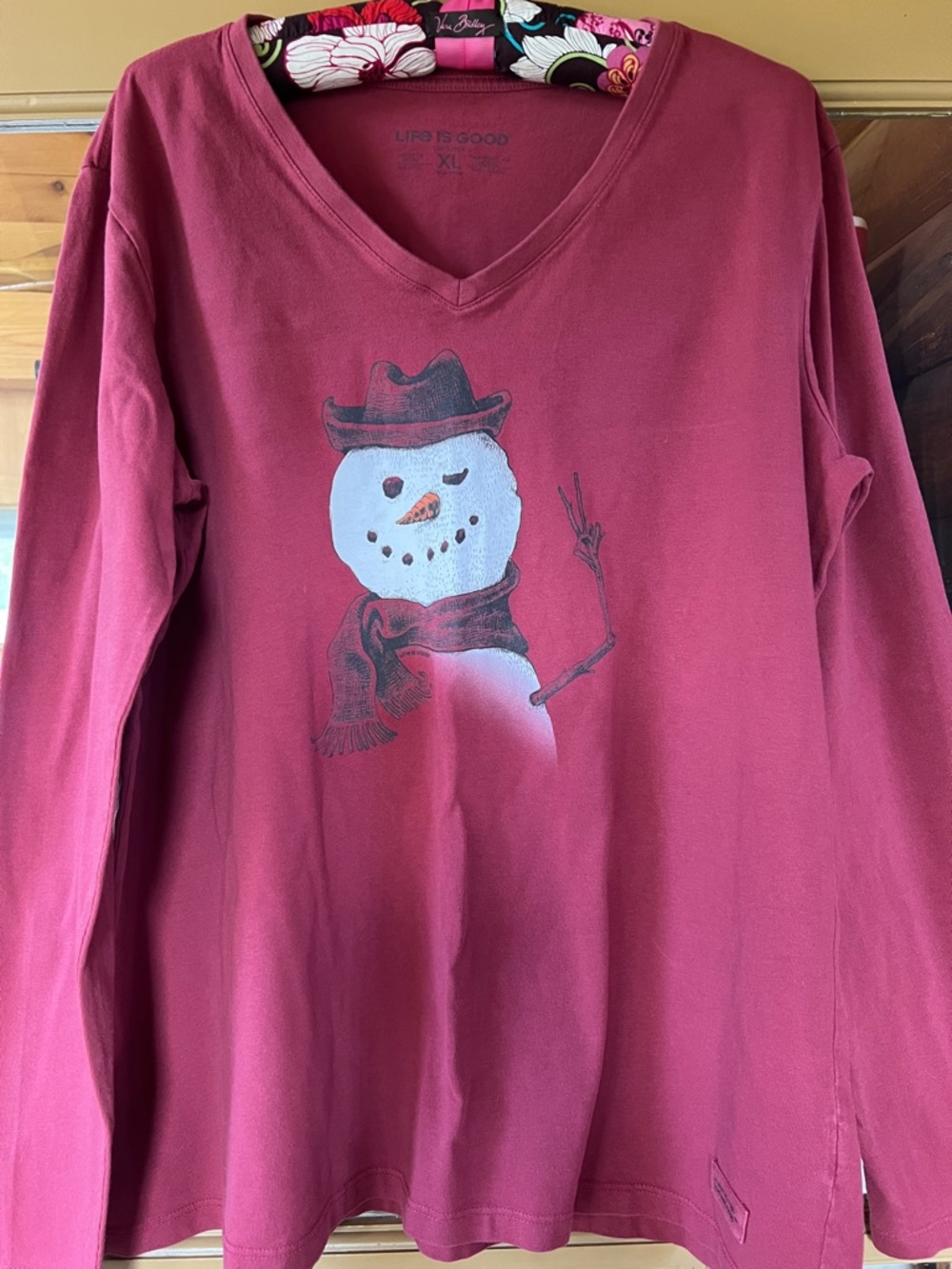 Women's Snowman Peace Sign Long Sleeve Crusher Vee Life Is Good XL
